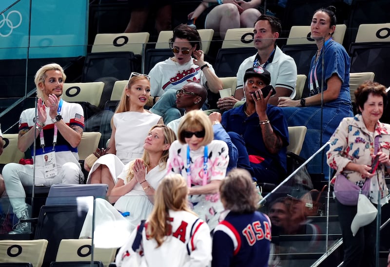 Ariana Grande with Cynthia Erivo watching the artistic gymnastics at the Bercy Arena, on the second day of the 2024 Paris Olympic Games in France