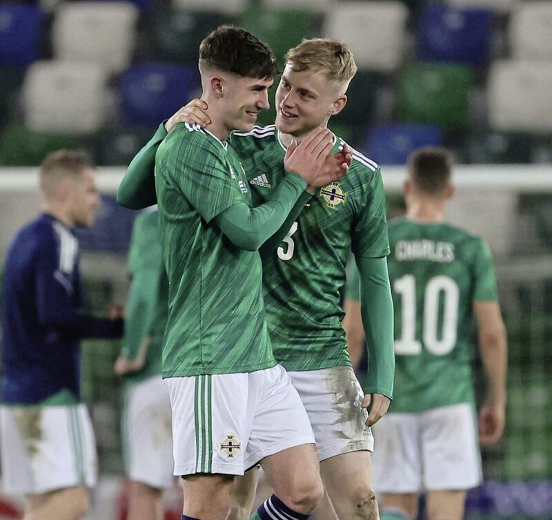 Northern Ireland debutants Trai Hume and Paddy Lane share a joke after the 1-0 friendly loss to Hungary at Windsor Park. Photo by David Maginnis/Pacemaker Press 