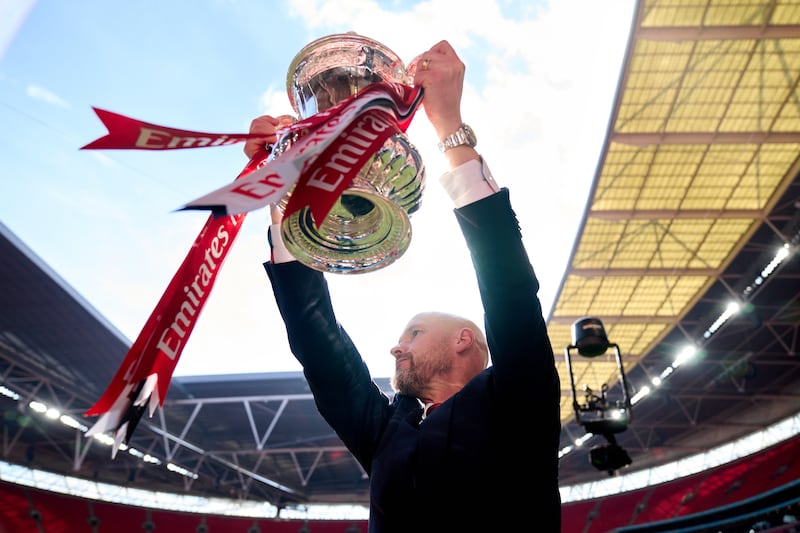 Erik ten Hag celebrated with the FA Cup on Saturday
