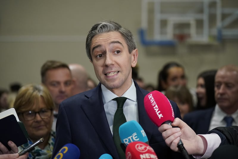 Taoiseach and Fine Gael leader Simon Harris speaks to the media as he arrives at the election count centre at Shoreline Leisure Greystones in Co Wicklow