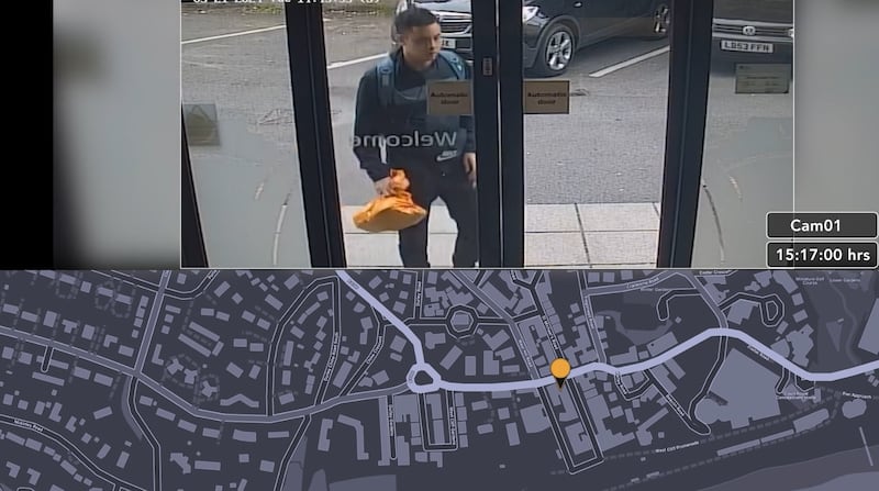 CCTV of Nasen Saadi arriving at a Travelodge hotel in Bournemouth, and a map of the location