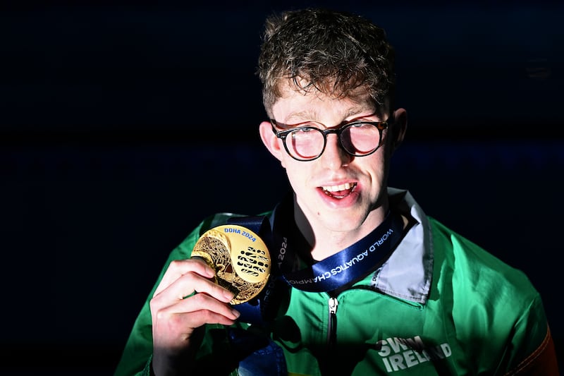 Daniel Wiffen poses with his medal after winning 800m freestyle gold at the World Aquatics Championships in February. Picture by Quinn Rooney/Getty Images