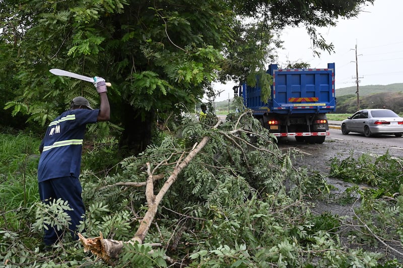 Workers remove tree branches felled by Hurricane Beryl in Kingston, Jamaica (Collin Reid/AP)