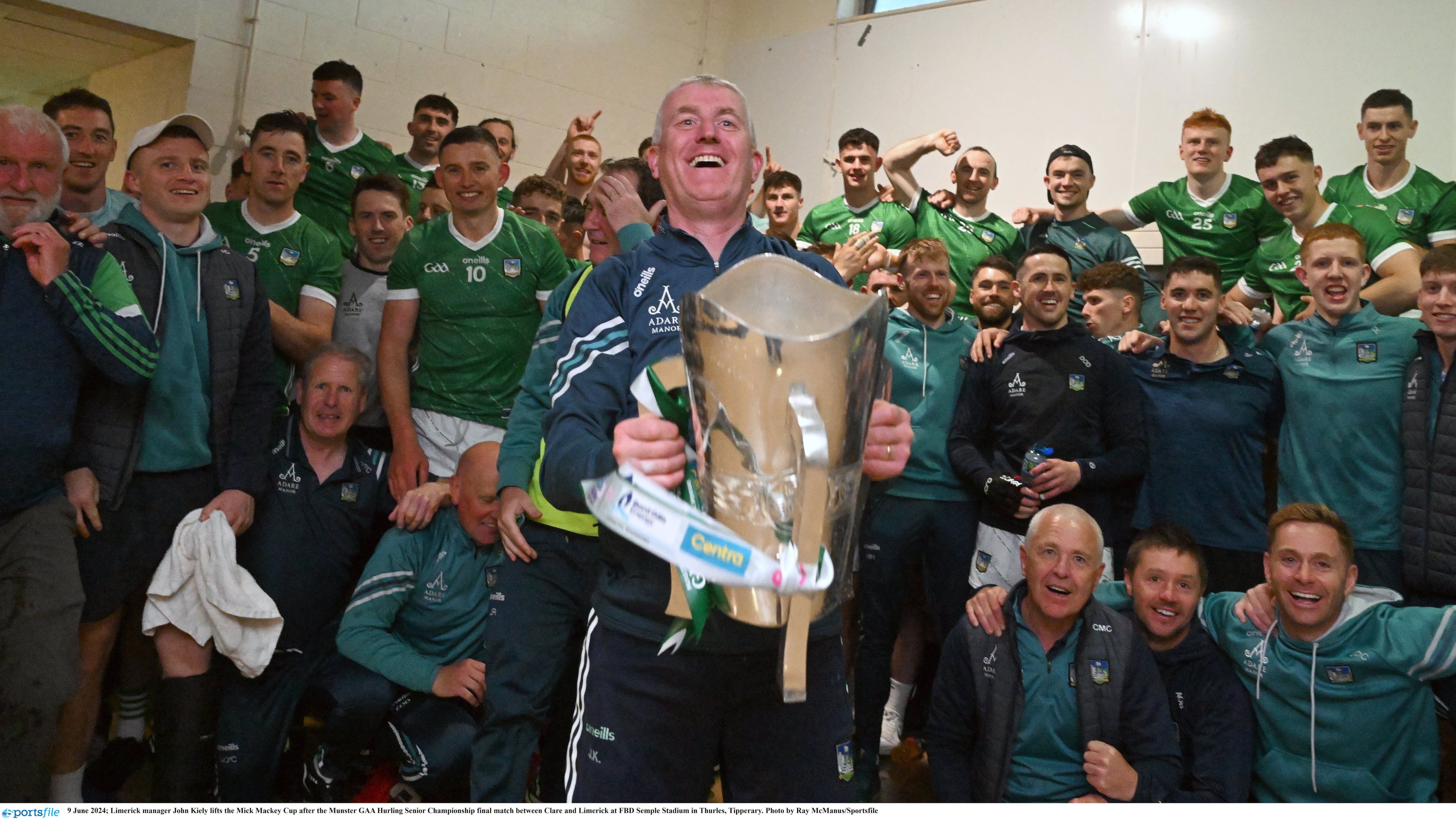 9 June 2024; Limerick manager John Kiely lifts the Mick Mackey Cup after the Munster GAA Hurling Senior Championship final match between Clare and Limerick at FBD Semple Stadium in Thurles, Tipperary. Photo by Ray McManus/Sportsfile