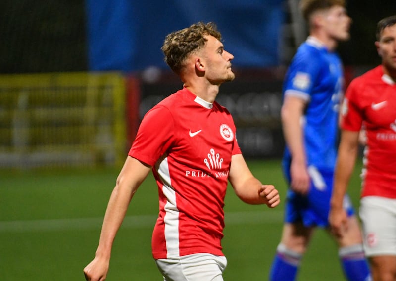 Benji Magee of Larne opens the scoring during this Evening’s game at Inver Park, Larne