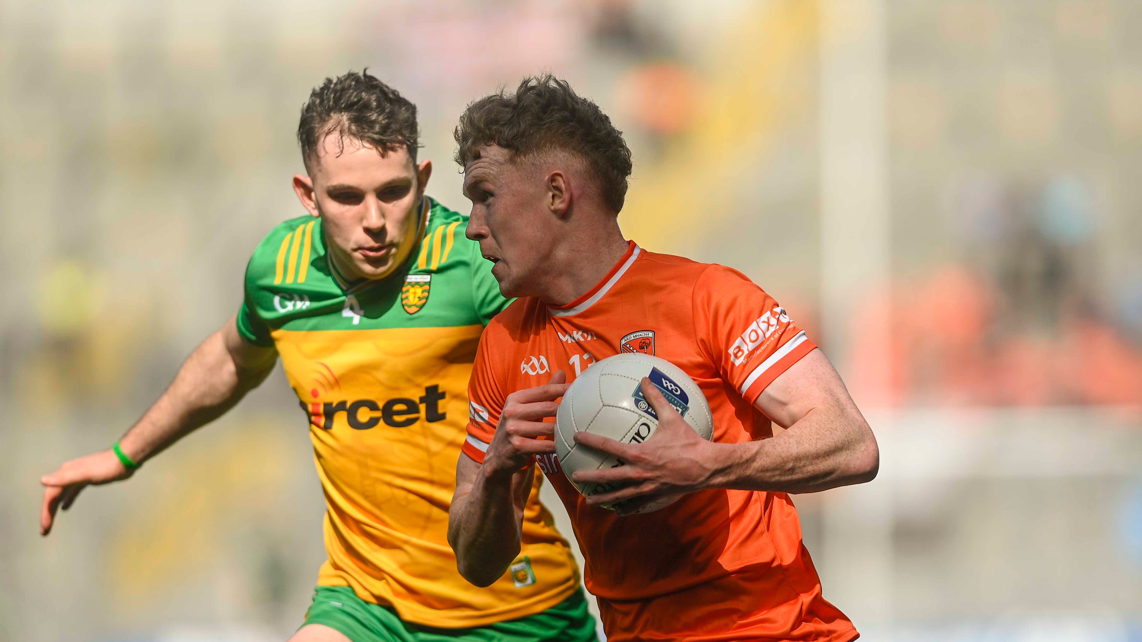Donegal defender Caolan McColgan closes down Conor Turbitt as Armagh go on the attack. Picture Mark Marlow