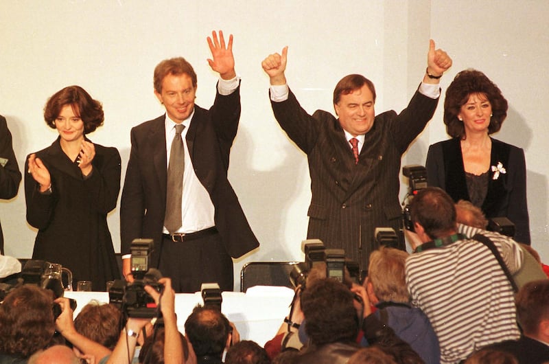 Left to right, Cherie Blair, Tony Blair, John Prescott and Pauline Prescott waving to the crowd at the end of the Labour Party conference in Blackpool in 1996