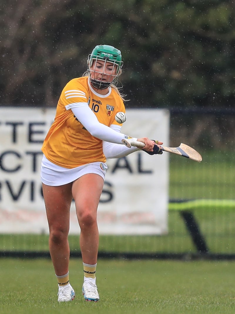 Roisin McCormick striking the ball at Kickhams GAC, Creggan in Antrim