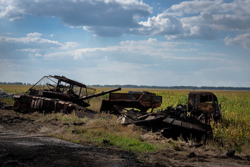 Destroyed Russian tanks lie on a roadside near Sudzha, in the Kursk region (AP Photo)