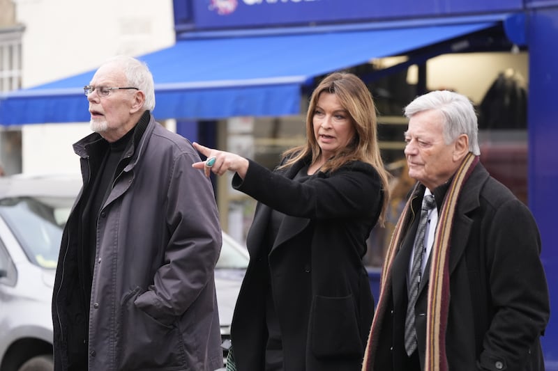 Bob Harris, Suzi Perry and Tony Blackburn at the funeral of DJ Johnnie Walker at St Peter’s Church in Shaftesbury, Dorset