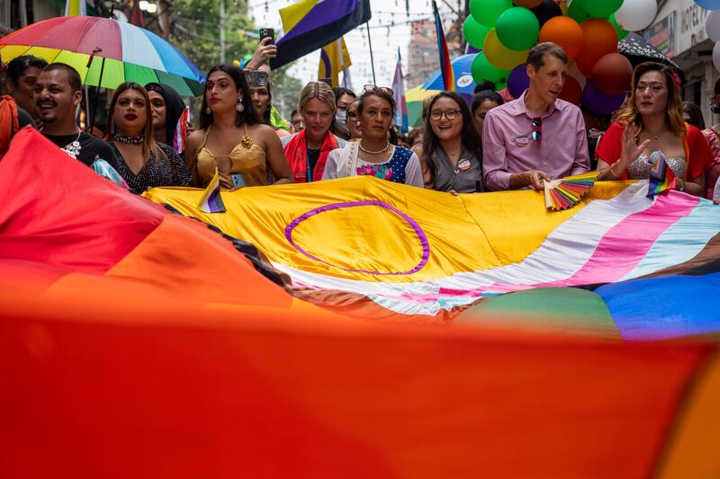 The event in Kathmandu was the first since gay couples were able to register same-sex marriages following a Supreme Court order in November 2023 (Niranjan Shrestha/AP)