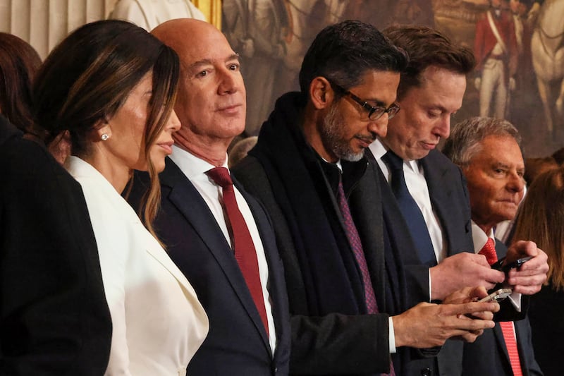 Lauren Sanchez, Jeff Bezos, Sundar Pichai and Elon Musk in the Rotunda of the US Capitol in Washington (Chip Somodevilla/Pool Photo via AP)