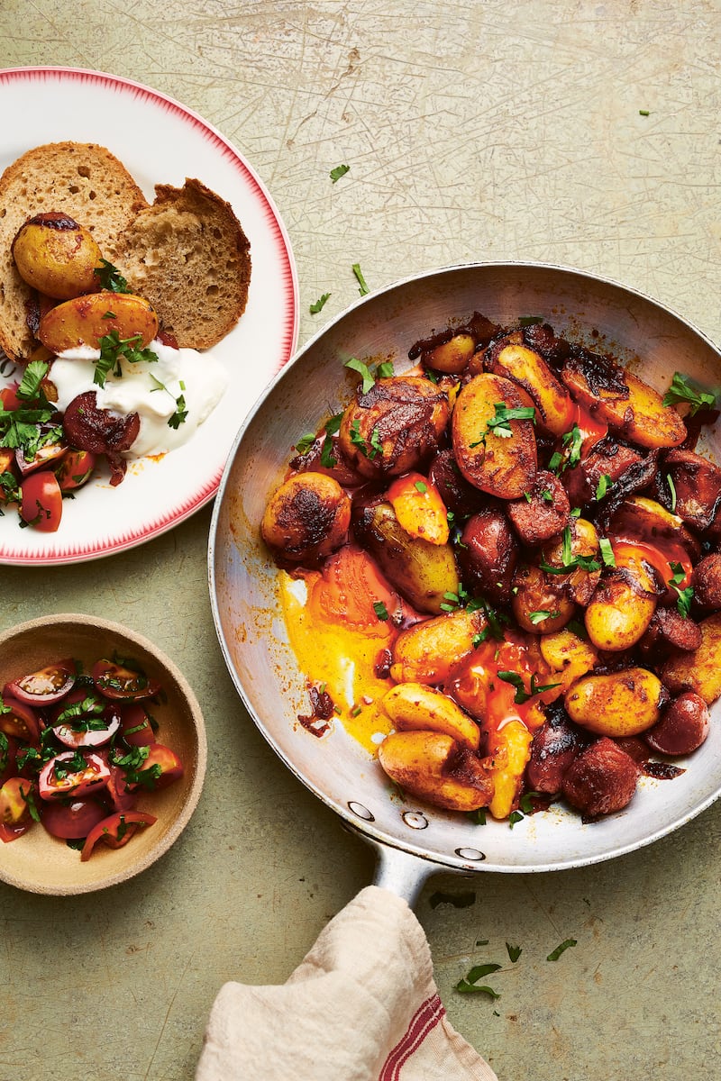 Chorizo and broken yolk smash with tomato salsa from John & Lisa's Kitchen