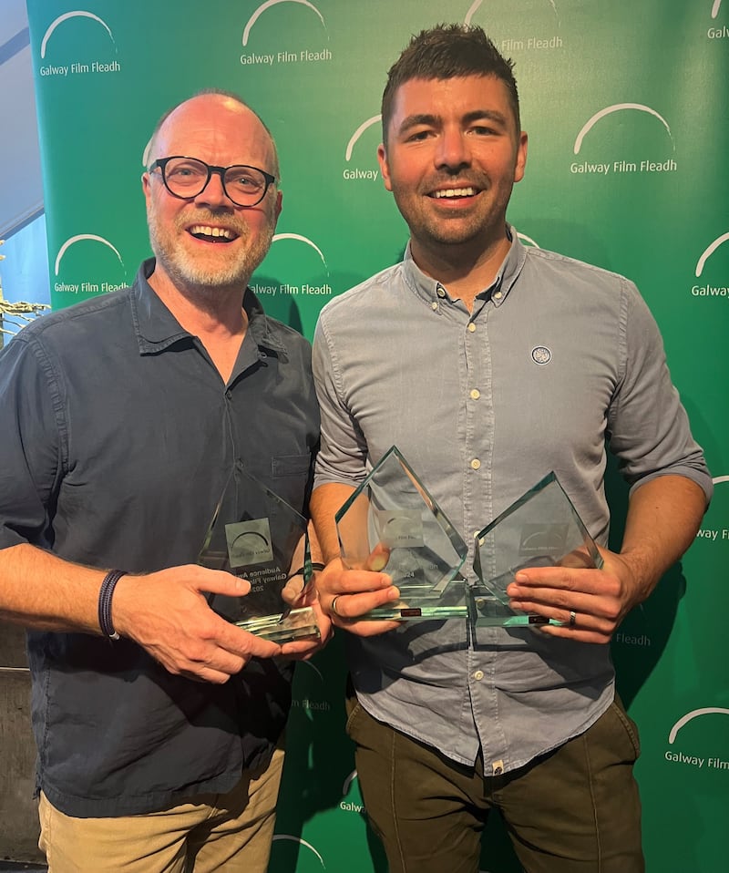 Trevor Birney and Rich Peppiatt with their awards at the Galway Film Fleadh.