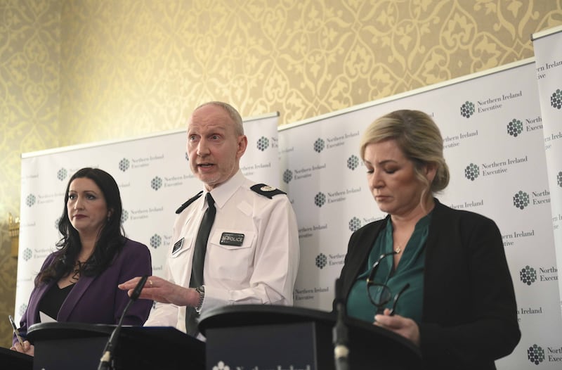 Deputy First Minister Emma Little Pengelly, PSNI ACC Davy Beck and First Minister Michelle O’Neill speak to the media on Thursday