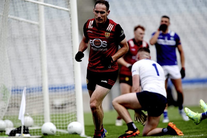 Down's Rory Mason celebrates after the seventh of eight goals his side scored against Laois in the Tailteann Cup semi-final at Croke Park. Picture Seamus Loughran 