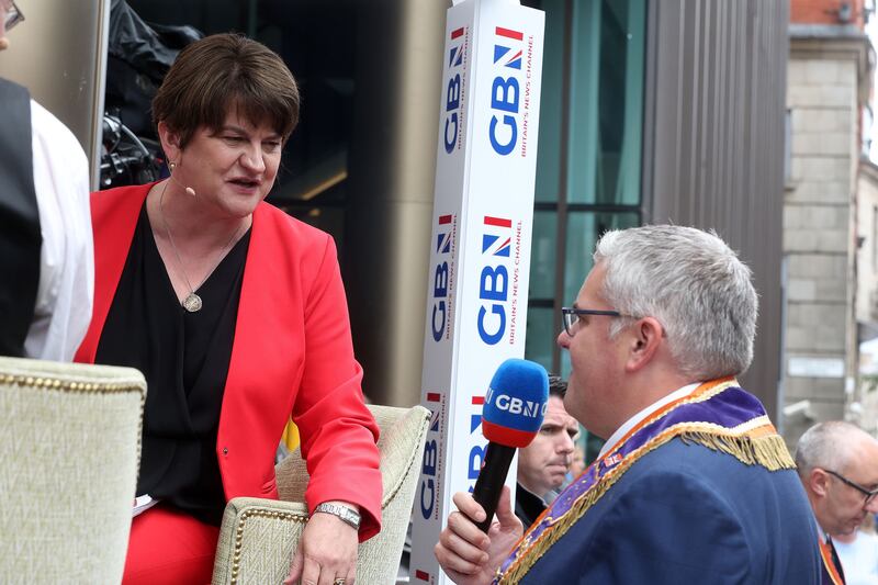 Former DUP leader Arlene Foster interviewing DUP deputy leader Gavin Robinson on GB News during its coverage of the Twelfth. Picture by Mal McCann