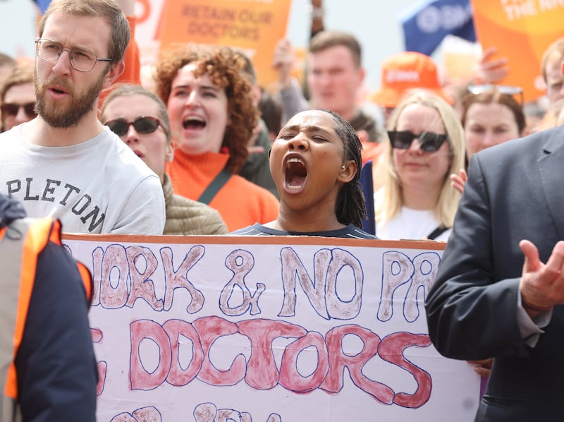 Junior doctors protest at Stormont in Belfast  in a dispute over pay.
The 48-hour full walkout runs from 07:00 BST on Thursday 6 June until 07:00 on Saturday 8 June.
PICTURE COLM LENAGHAN