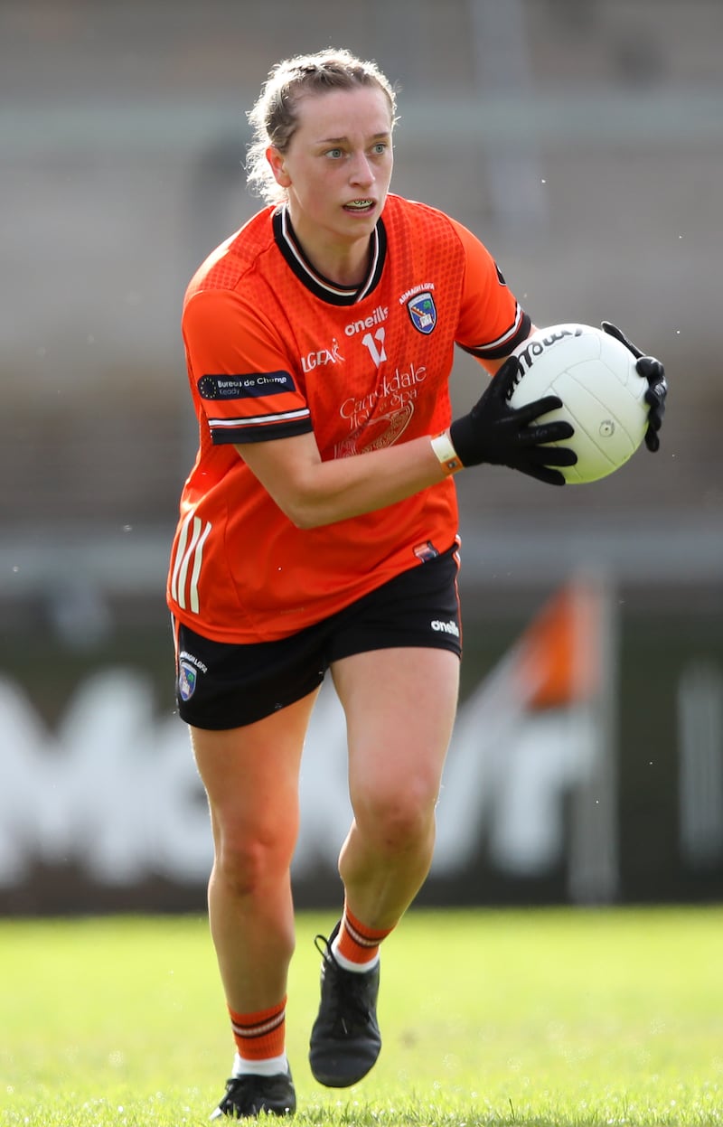 Aoife McCoy looking for teammates in an Armagh Ladies kit