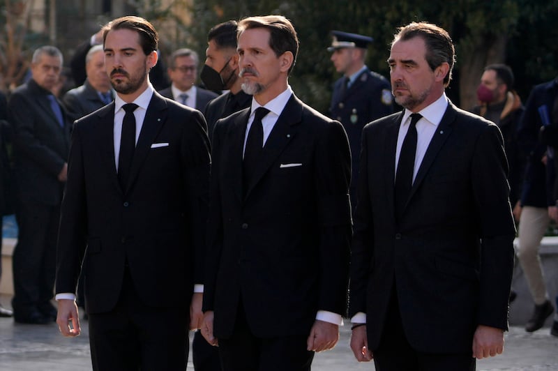 Prince Philippos, left, Prince Pavlos, centre, and Prince Nikolaos, right, sons of former king of Greece Constantine II at their father’s funeral in 2023