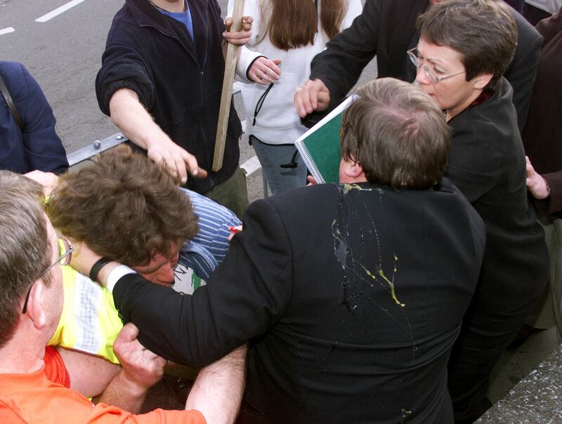 John Prescott scuffles with a protester after being hit with an egg during the 2001 election campaign