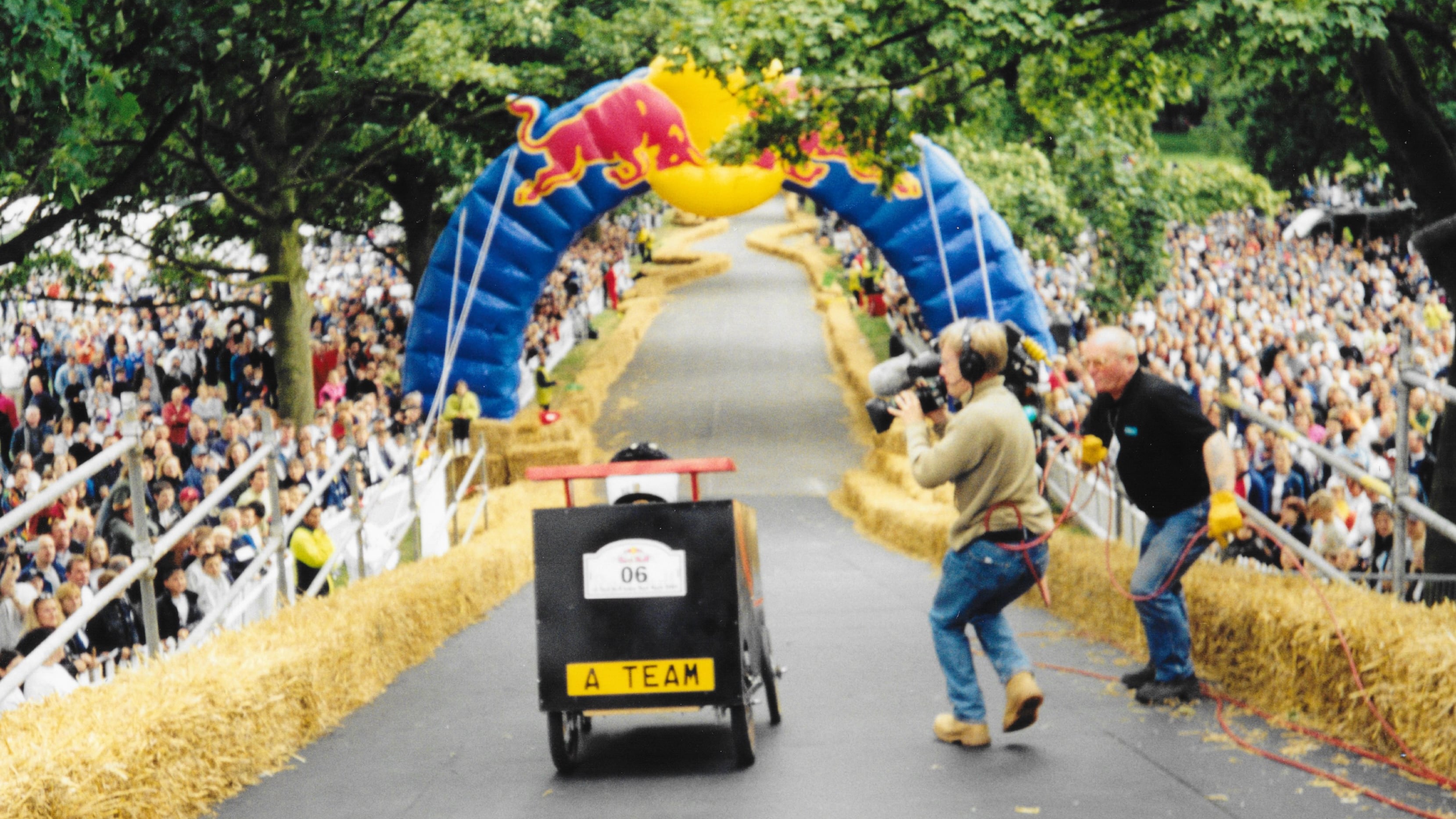 An action shot of the group’s A-Team Van at the Red Bull Soapbox Race at Roundhay Park, Leeds, in 2001