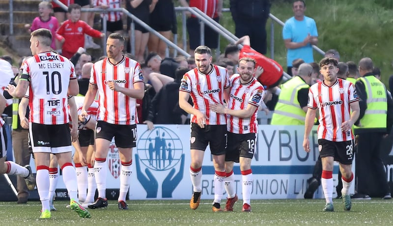 Derry City celebrate after scoring against Bohemians in the SSE Airtricity Premier Division match the the Ryan McBride Brandywell