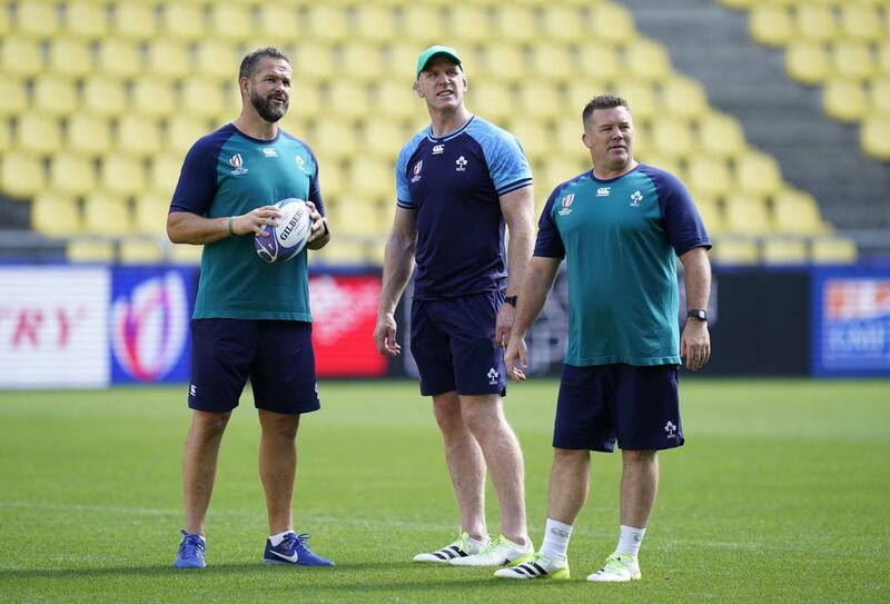 Scrum coach John Fogarty, right, gave an update on the fitness of Andy Farrell’s Ireland squad