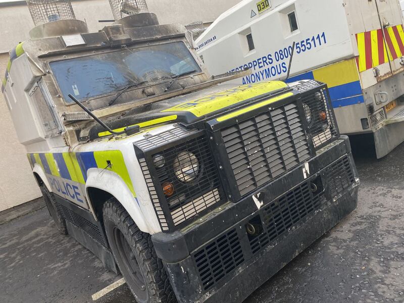 A PSNI vehicle damaged during disorder in Derry 