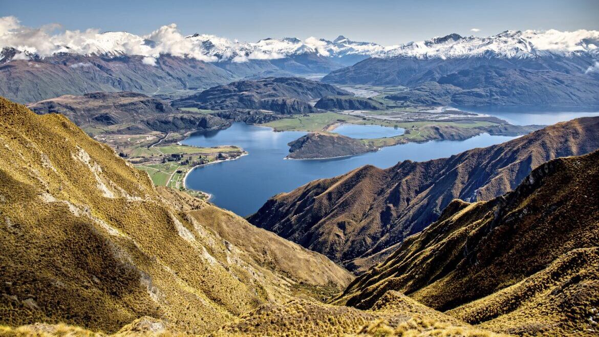 Roy&#39;s Peak, Wanaka where the view looks out over the Diamond Lake conservation area of Mount Aspiring National Park 
