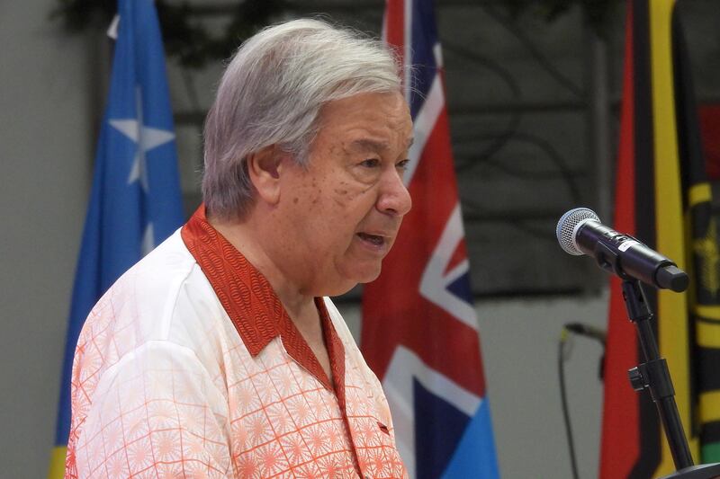 United Nations Secretary-General Antonio Guterres speaks at the opening of the annual Pacific Islands Forum leaders meeting in Nuku’alofa, Tonga (Charlotte Graham-McLay/AP)