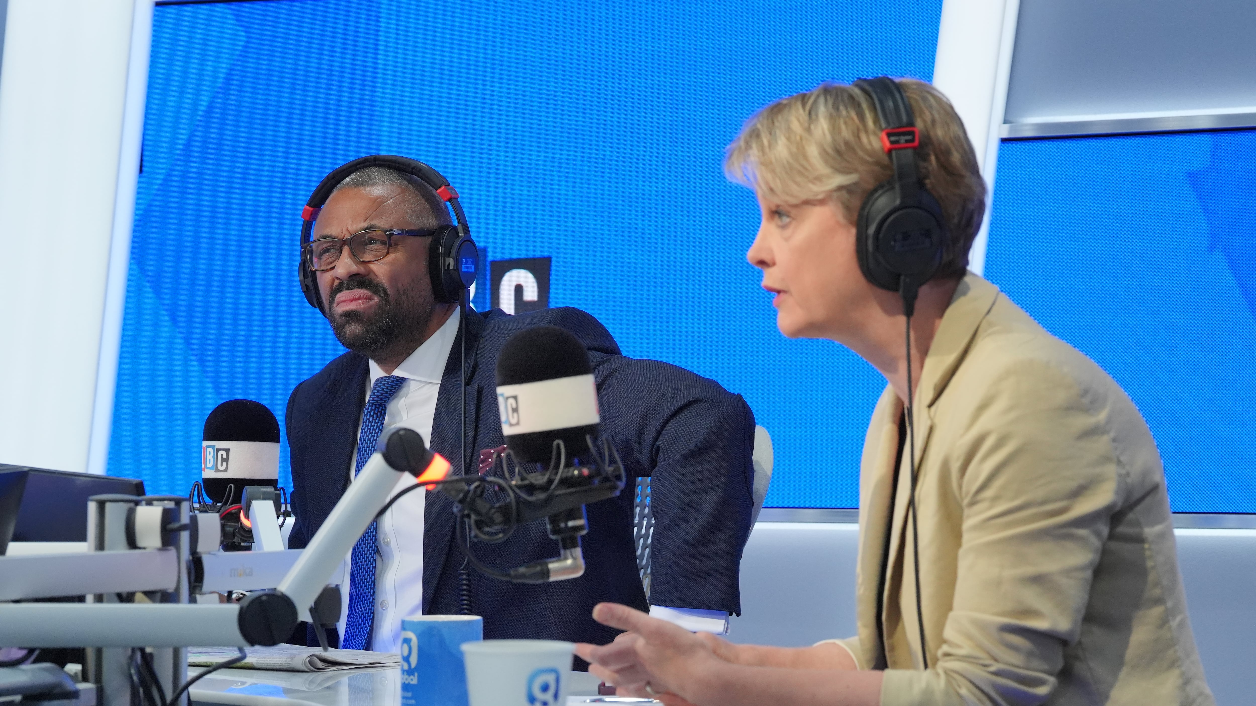Home Secretary James Cleverly and shadow home secretary Yvette Cooper take part in a live immigration debate on LBC’s Nick Ferrari at Breakfast