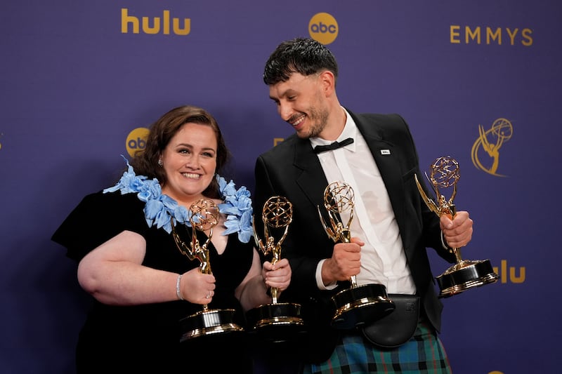 Jessica Gunning, left, winner of the awards for outstanding supporting actress in a limited or anthology series or movie, and outstanding limited or anthology series for Baby Reindeer and Richard Gadd, winner of the awards for outstanding lead actor in a limited or anthology series or movie, and outstanding limited or anthology series for Baby Reindeer (Jae C Hong/AP)