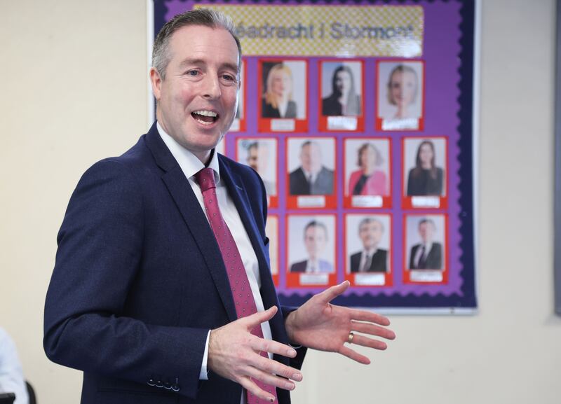 Education Minister Paul Givan during his visit to  Gaelscoil Aodha Rua who made  his first visit to an Irish language school as Minister.
PICTURE COLM LENAGHAN