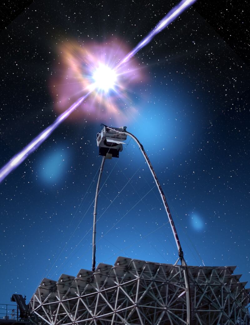 An artist's view of a MAGIC telescope with gamma-ray burst