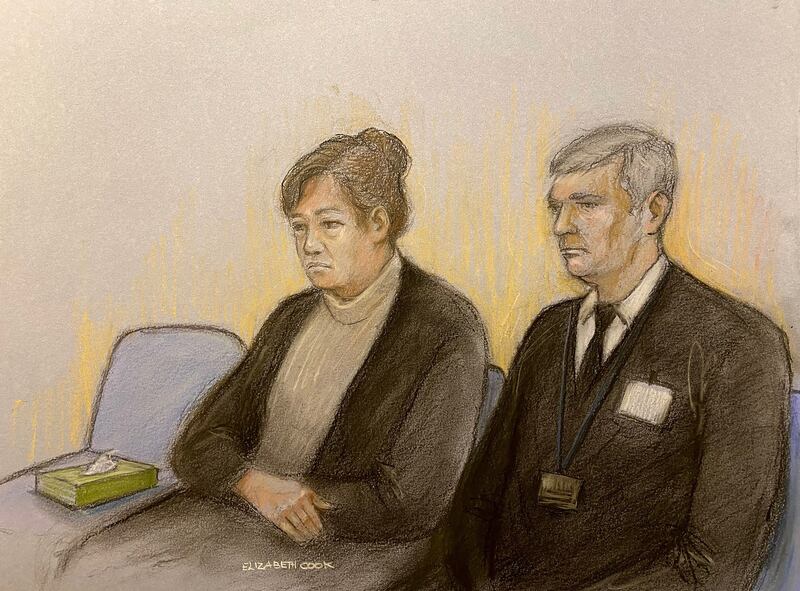 Court artist sketch of Christine Rawle, 69, (left) at Exeter Crown Court