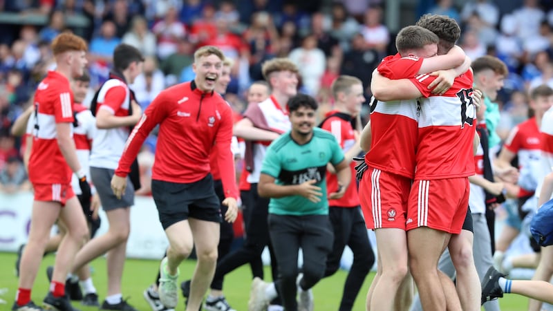 Derry players at the end of the Electric Ireland GAA Football All-Ireland Minor Championship Final between Derry and Monaghan at BOX-IT Athletic Grounds Armagh on 07-09-2023. Pic Philip Walsh