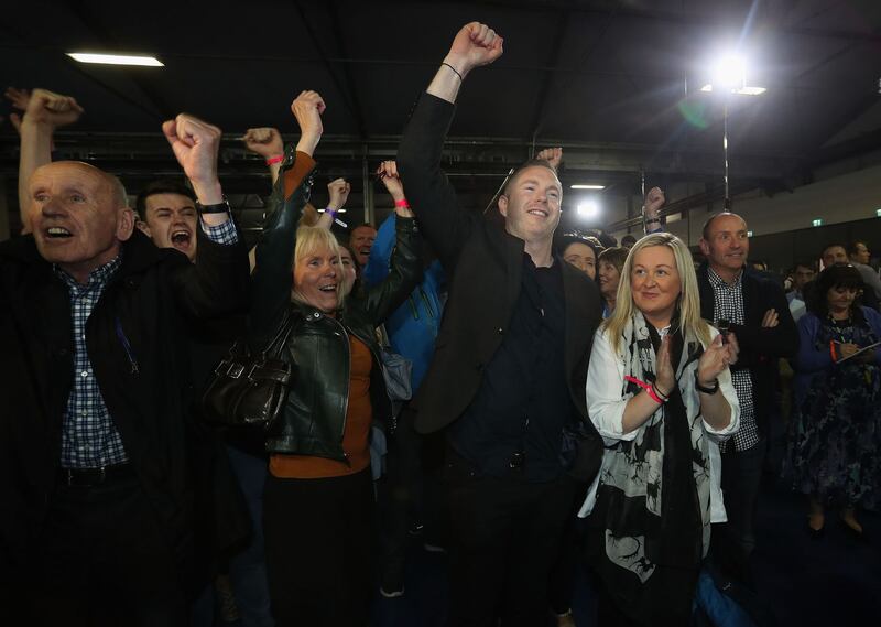 Sinn Fein candidate for South Down Chris Hazzard celebrates election at the Eikon Exhibition Centre in Lisburn. Picture from Brian Lawless/PA Wire.&nbsp;