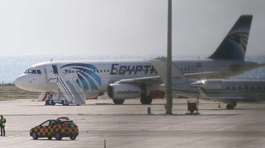 The hijacked EgyptAir aircraft is seen on the ground after landing at Larnaca Airport in Cyprus. Picture by&nbsp;Petros Karadjias, Associated Press