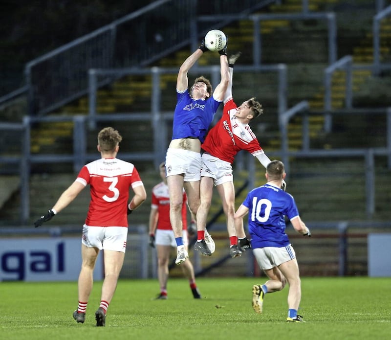 Galbally's Cormac Donnelly battles with Daire Gallagher of Dungloe during the Ulster Club Intermediate Football Championship semi-final. Picture Margaret McLaughlin. 