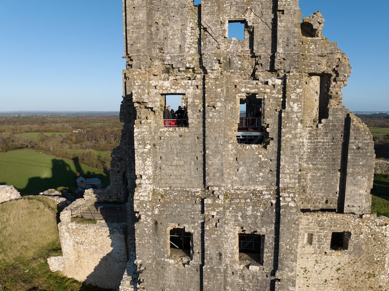 The King’s View Platform high with the keep at Corfe Castle in Swanage