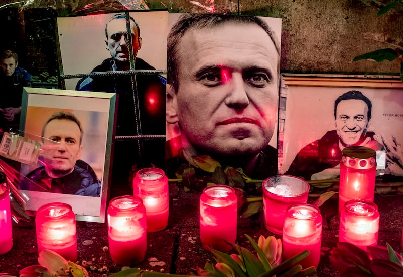 Memorials have sprung up across the world to Alexei Navalny, including near the Russian consulate in Frankfurt, Germany (Michael Probst/AP)