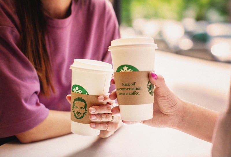 Harry Kane’s face will appear on coffee cup sleeves in Starbucks in a campaign to promote mental wellbeing