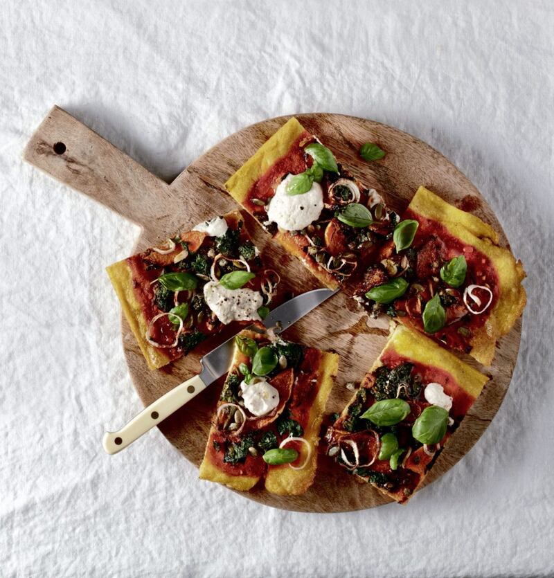 Polenta pizza, one of the many recipes in &Aacute;ine Carlin&#39;s latest book, Cook Share Eat Vegan 