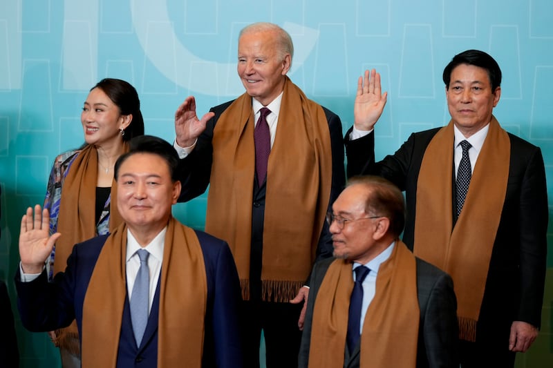 President Joe Biden during the taking of the leaders’ group photo, at the Asia-Pacific Economic Co-operation summit, in Lima, Peru, on Saturday (Fernando Vergara/AP)