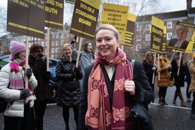 Barrister Charlotte Proudman arrives at a misconduct hearing in London accompanied by supporters