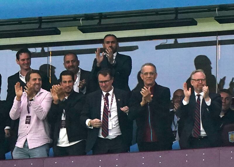 Tom Hanks celebrates a goal from Aston Villa’s Youri Tielemans