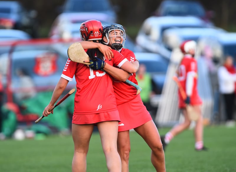 Joy for Loughgiel's Orla Walsh and Anna McKillop at the final whistle.