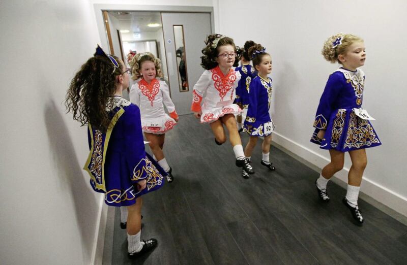 Irish Dancers get set to go on stage at the Ulster Irish Dance Championships at Omagh leisure Complex. Picture by Hugh Russell 