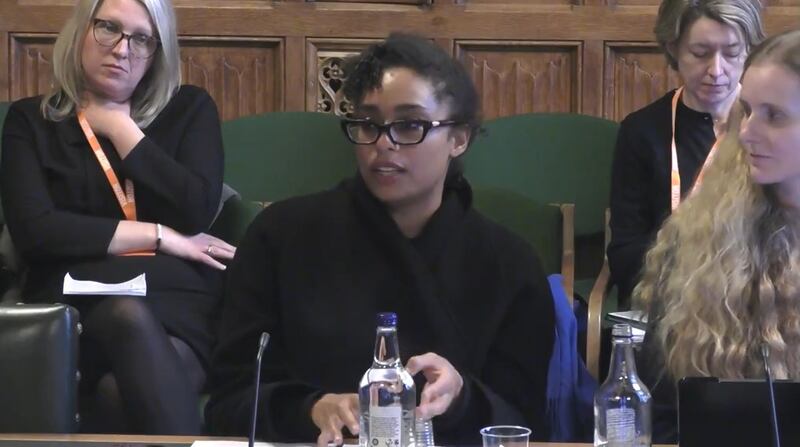 Singer and songwriter Celeste Waite answering questions from the Women and Equalities Select Committee